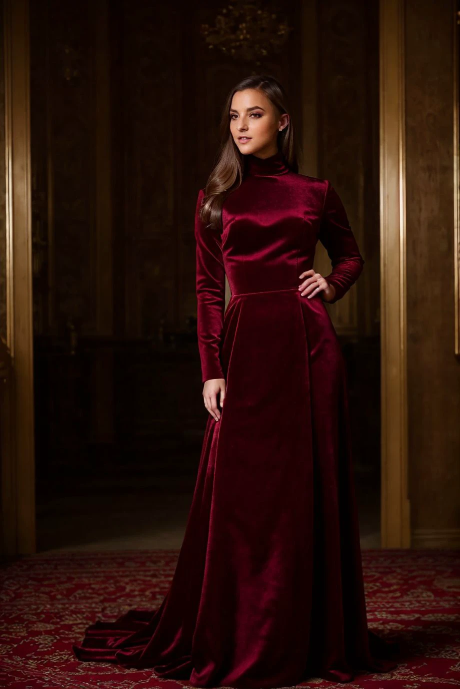 A stunning intricate full color portrait of a beautiful woman, wearing a maroon velvet dress with a high neck, bustling bridal fair, <lora:epiNoiseoffset_v2:1>, portait, epic character composition,by ilya kuvshinov, alessio albi, nina masic,sharp focus, subsurface scattering, f2, 35mm, film grain <lora:amiraadara:1>