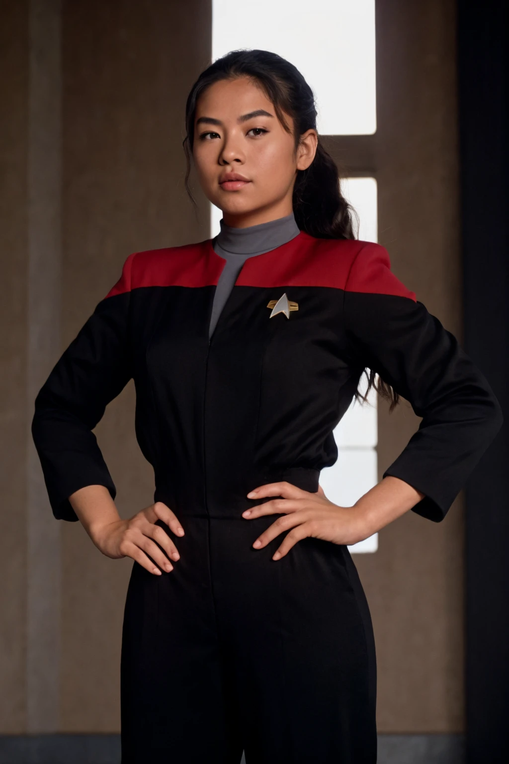 (8k, RAW photo, highest quality), upper body portrait of a half latina half asian student, sassy,voyunf red and black uniform,black pants,black sleeves, Athletic-Plus body shape, Ballroom, warm golden hour lighting, extremely high-resolution details, photographic, realism pushed to extreme, fine texture, 4k, ultra-detailed, high quality, high contrast<lora:Voy6batchDebiasGold:0.8>