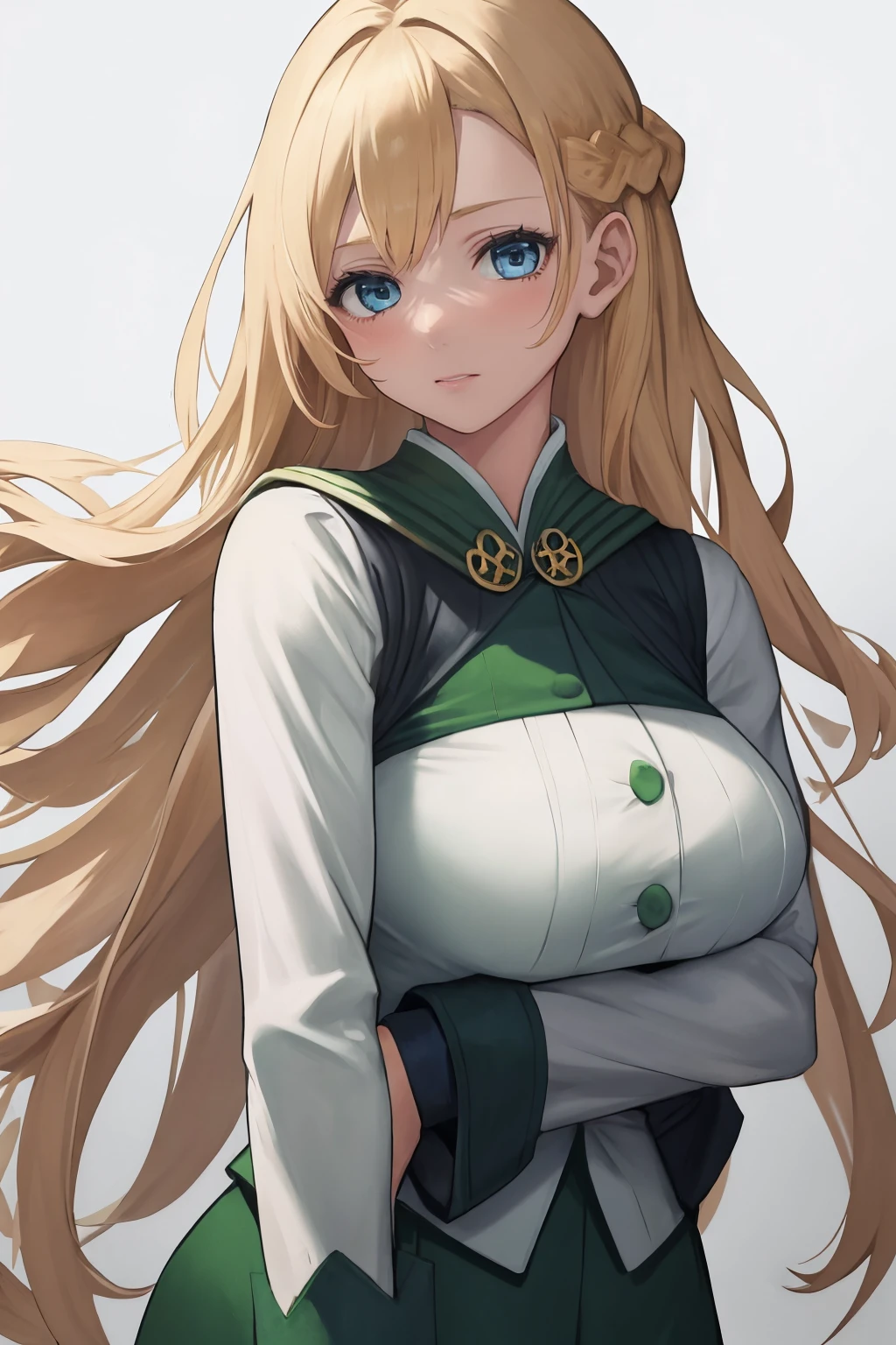 masterpiece, best quality, 1girl, solo, <lora:mint-sn4-richy-v1:1> mint, blue eyes, braid, green uniform, long sleeves