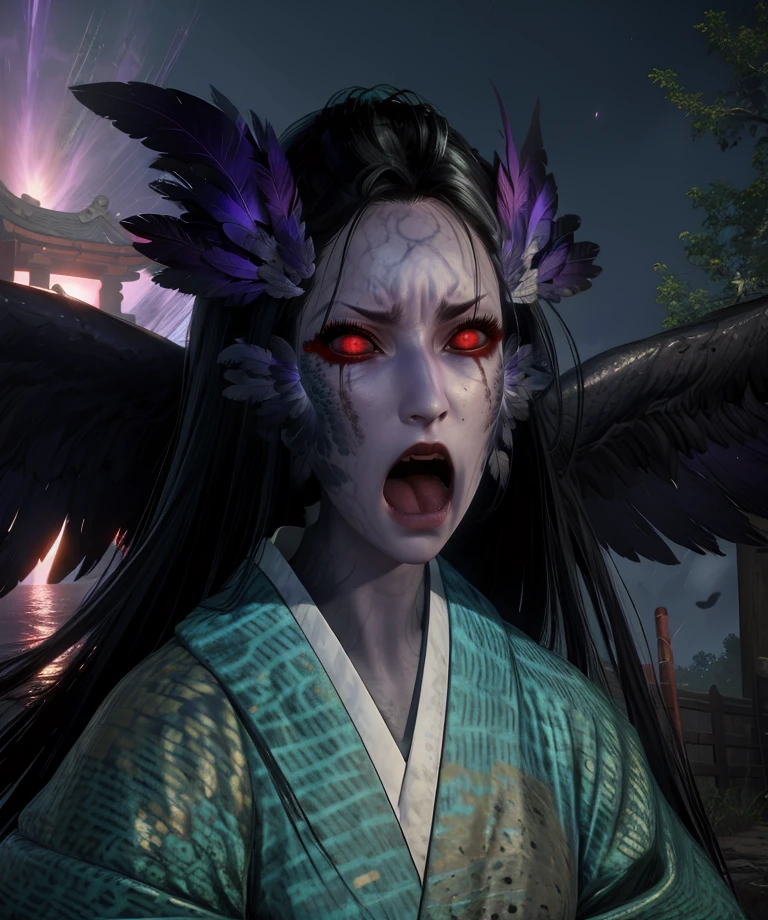 ubume,red eyes,black hair,face feather,
green kimono,dirty, angry, black wings,open mouth,wide sleeves,
standing,upper body,purple aura,dark aura,
edo japan,underworld,red sky,
(insanely detailed, beautiful detailed face,beautiful detailed eyes, masterpiece, best quality),<lora:ubume:0.8>,