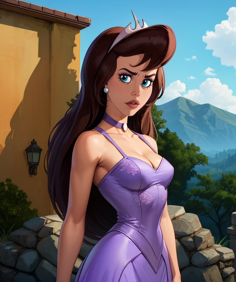 PrincessClara,long brown hair,blue eyes,solo,solo,lips,serious,
purple dress,tiara,cleavage,small earrings,choker,looking at viewer,
standing,hips,
outdoors,
(insanely detailed, beautiful detailed face, masterpiece, best quality),<lora:PrincessClara:0.8>,