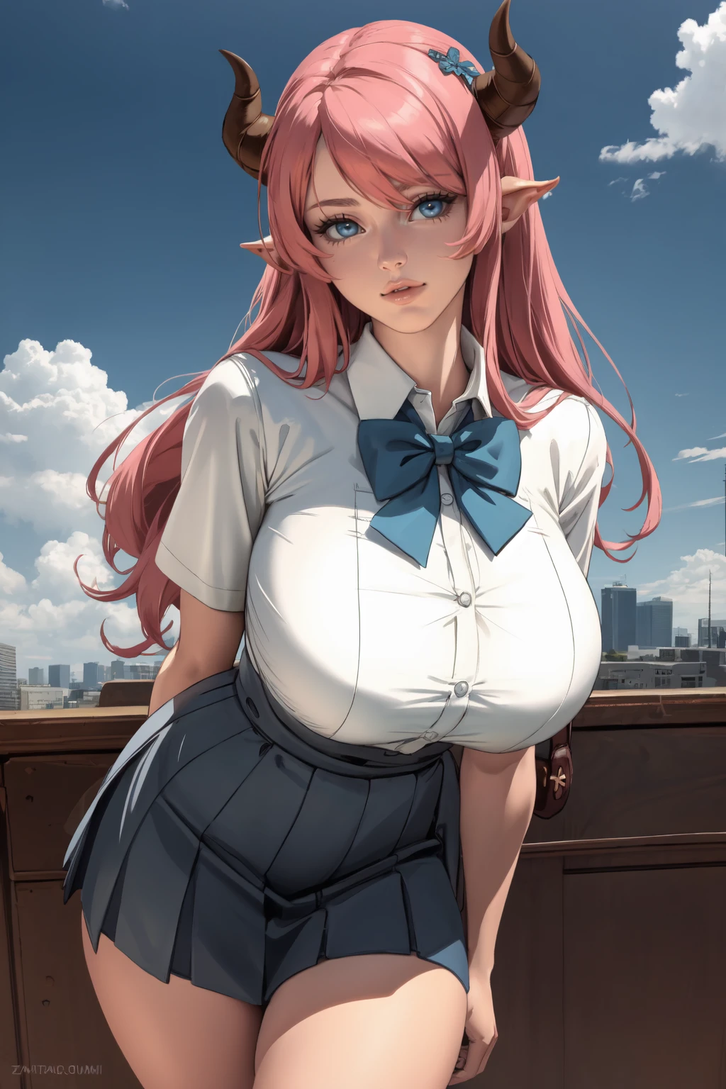 Anime style, A woman in a maid/Princess Zelda costume, immensely large breasts, very exhibitionist, inside a bus with several men around her. She has short, red hair, blue eyes, is smiling/facing the viewer.