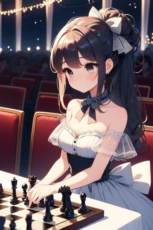 (((masterpiece))),  (((best quality))),  night,  crowd,  exhibition,  auditorium,  solo,  1girl playing chess,  putting down chess piece,  large square chessboard on table,  scarf,  beige lace dress,  cleavage,  big tits,  ribbon,  updo longhair,  petite figure proportion,  shy,  blush,<lora:EMS-257008-EMS:1.000000>