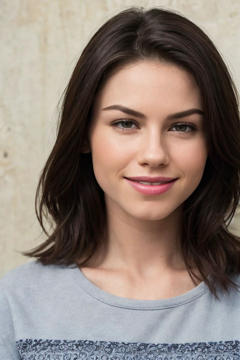 closeup headshot of S280_LucieCline,an attractive woman,in front of a (rug-wall:1.1),wearing a (crewneck:1.1),(smiling),(4k, RAW photo, best quality, depth of field, ultra high res:1.1),(absurdres, intricate, photorealistic, masterpiece, ultra-detailed:1.1),