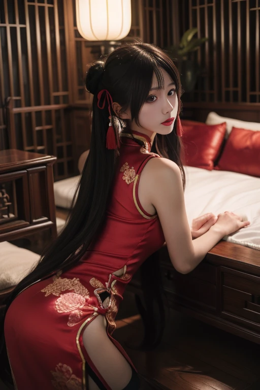 ltra-detailed,highly detailed,best quality,masterpiece,illustration,realistic,photorealistic,
tokisaki kurumi,qipao,
1girl, solo, cosplay,
looking at viewer, lying,
indoors, night, bamboo, east asian architecture, bedroom,
<lora:tokisaki kurumi qipao_v7_03:0.7>