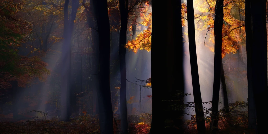 a photo of light penetrates through the forest