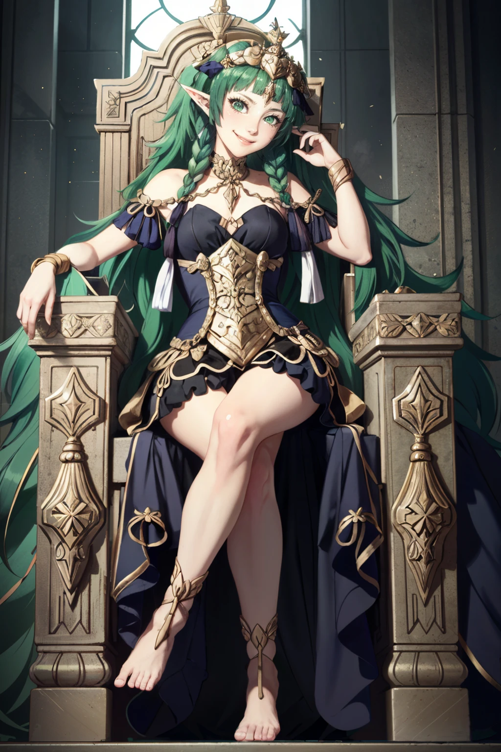 ((ultra detailed, masterpiece, best quality))
<lora:FESothis:0.9>
FESothis, 1girl, solo, ribbon braid, braid, pointy ears, green hair, green eyes, long hair, barefoot, twin braids, tiara, smile, ribbon, hair ribbon, hair ornament, side braid, dress, throne, jewelry, anklet