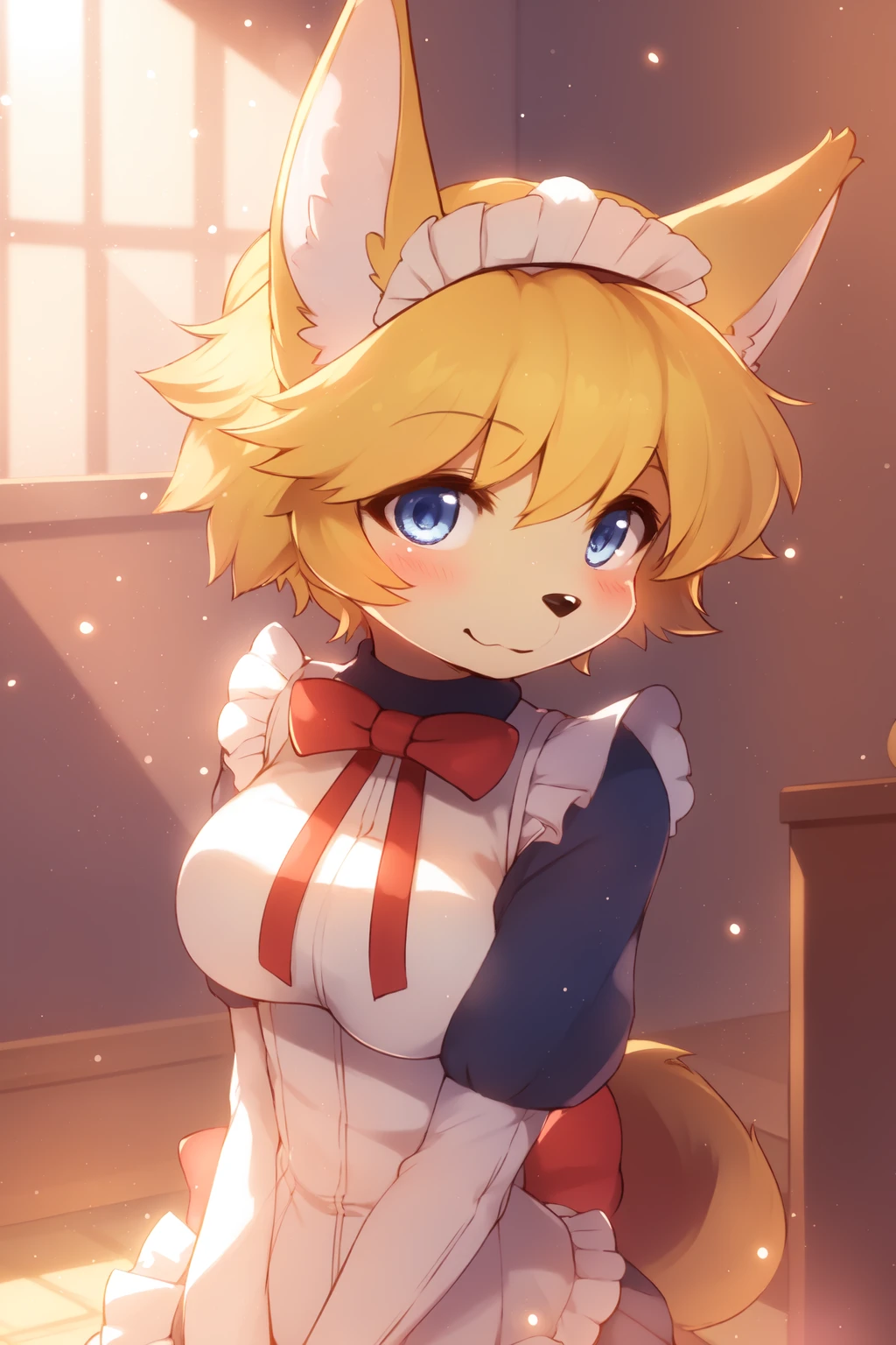 floSR, 1girl, solo, furry female, (detailed eyes, furry:1.2), focus on face, hands together, dog girl, closed mouth, :3, blue eyes, animal ears, upper body, medium breasts, animal nose, blonde hair, short hair, maid, maid headdress, frills, red bow, puffy sleeves, ultra detailed fur, ribbon, beautiful lights and shadows, volumetric light, indoors <lora:floSR:1.1>