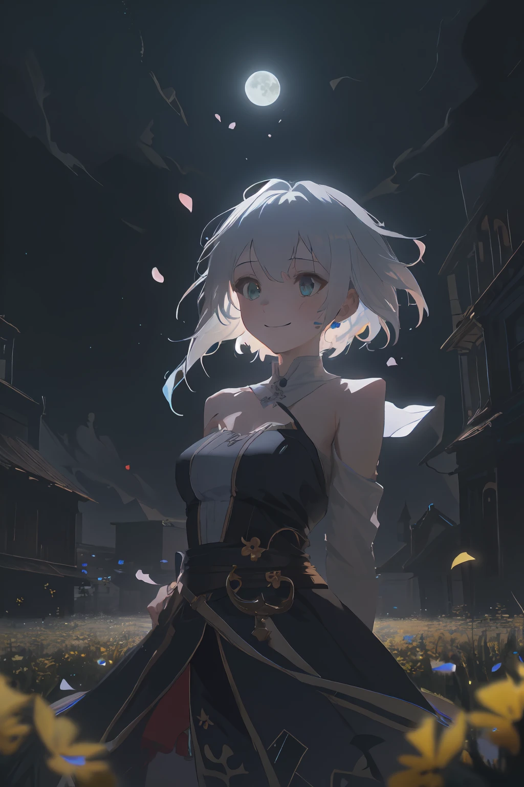 masterpiece, best quality,
1girl, (colorful),(finely detailed beautiful eyes and detailed face),cinematic lighting,bust shot,extremely detailed CG unity 8k wallpaper,white hair,solo,smile,intricate skirt,((flying petal)),(Flowery meadow)
sky, cloudy_sky, building, moonlight, moon, night, (dark theme:1.3), light, fantasy,