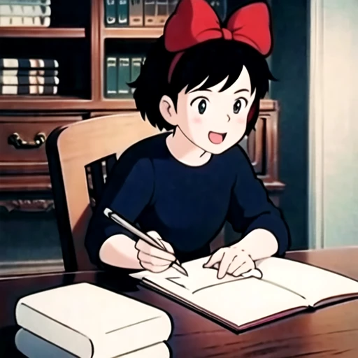 (masterpiece:1.2), best quality, masterpiece, highres, original, extremely detailed wallpaper, perfect lighting,(extremely detailed CG:1.2), drawing, paintbrush,1girl, bag, black cat, black hair, book, bow, cat, dress, hair bow, indoors, kiki, open mouth, retro artstyle, short hair, smile, solo, traditional media,<lora:qiqi:0.6>