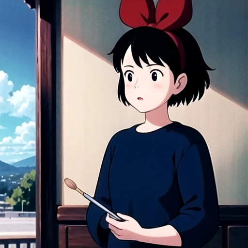 (masterpiece:1.2), best quality, masterpiece, highres, original, extremely detailed wallpaper, perfect lighting,(extremely detailed CG:1.2), drawing, paintbrush,1girl, black eyes, black hair, blue background, blue sky, red bow, day, kiki, short hair, sky, solo, upper body,outdoor, outside, <lora:qiqi:0.55>