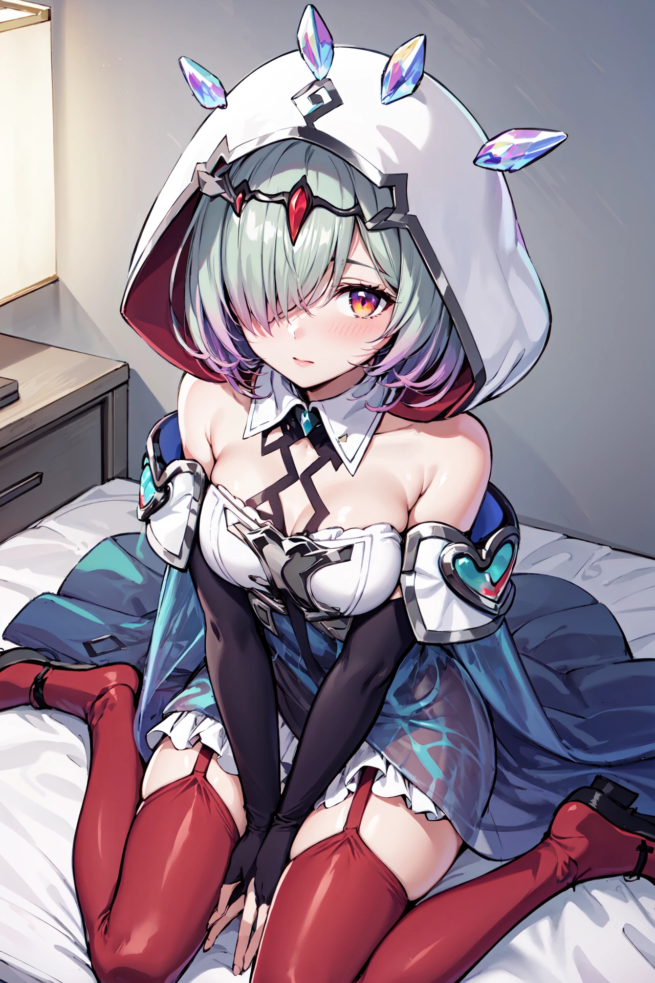 (from above:1.2),blush,looking at viewer,wariza,on bed,hand between legs,<lora:kvasirV1:0.85>,def_kvasir,  hair over one eye,red thighhighs,white frilled skirt, blue dress,  red thigh boots, bare shoulders,dress, floating object, hood, garter straps,  wide sleeves,cloak, bridal gauntlets, gradient clothes, long sleeves, detached sleeves, short dress, gem, gloves,detached collar, thighs, multicolored clothes, zettai ryouiki, cape, see-through, indoors,,(masterpiece, best quality, ultra-detailed, best shadow)