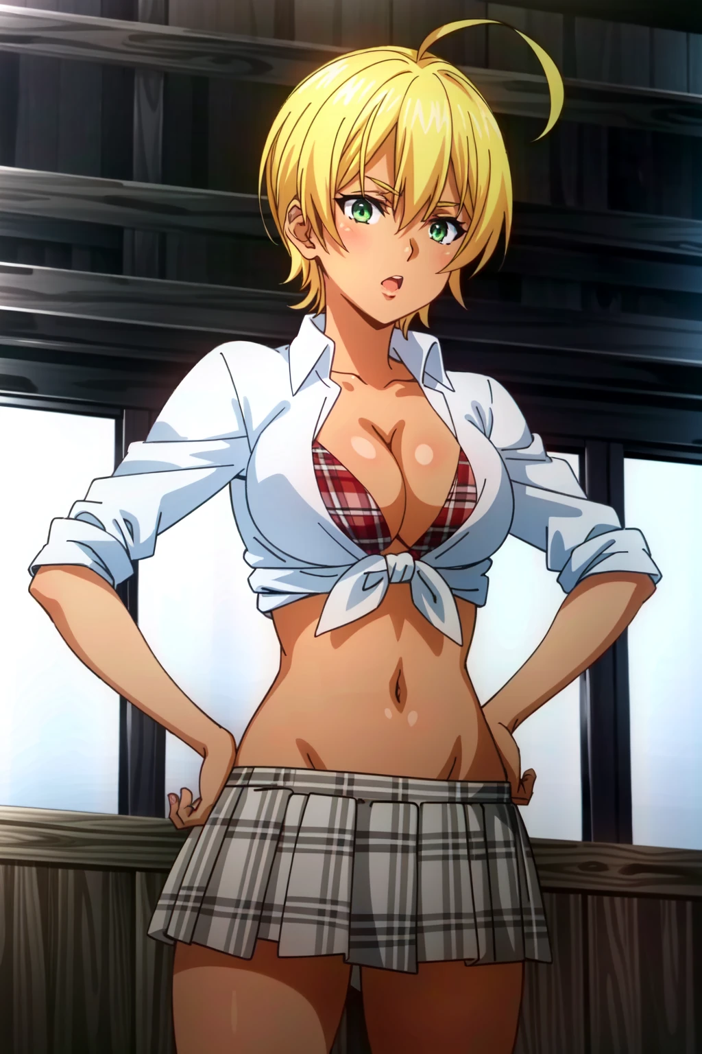 (extremely detailed CG unity 4k wallpaper),(anime coloring),(masterpiece),(best quality),(ultra-detailed),(best illustration),(best shadow),(absurdres),(detailed background), <lora:OGT_Ikumi_Mito-v1:0.7> Ikumi Mito, 1girl, blonde hair, breasts, solo, short hair, ahoge, cleavage, green eyes, dark skin, large breasts, dark-skinned female, swimsuit, bikini, skirt, navel, hands on hips, plaid, midriff, shirt