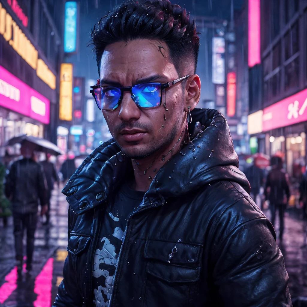 Zizan, a man, cyberpunk city hacker :: neon graffiti, augmented reality black frame glasses, hooded cloak :: rainy night :: Epic cinematic brilliant stunning intricate detailed matte painting, deep color, fantastical, intricate detail, splash screen, complementary colors, fantasy concept art, 8k resolution trending on Artstation, Unreal Engine 5