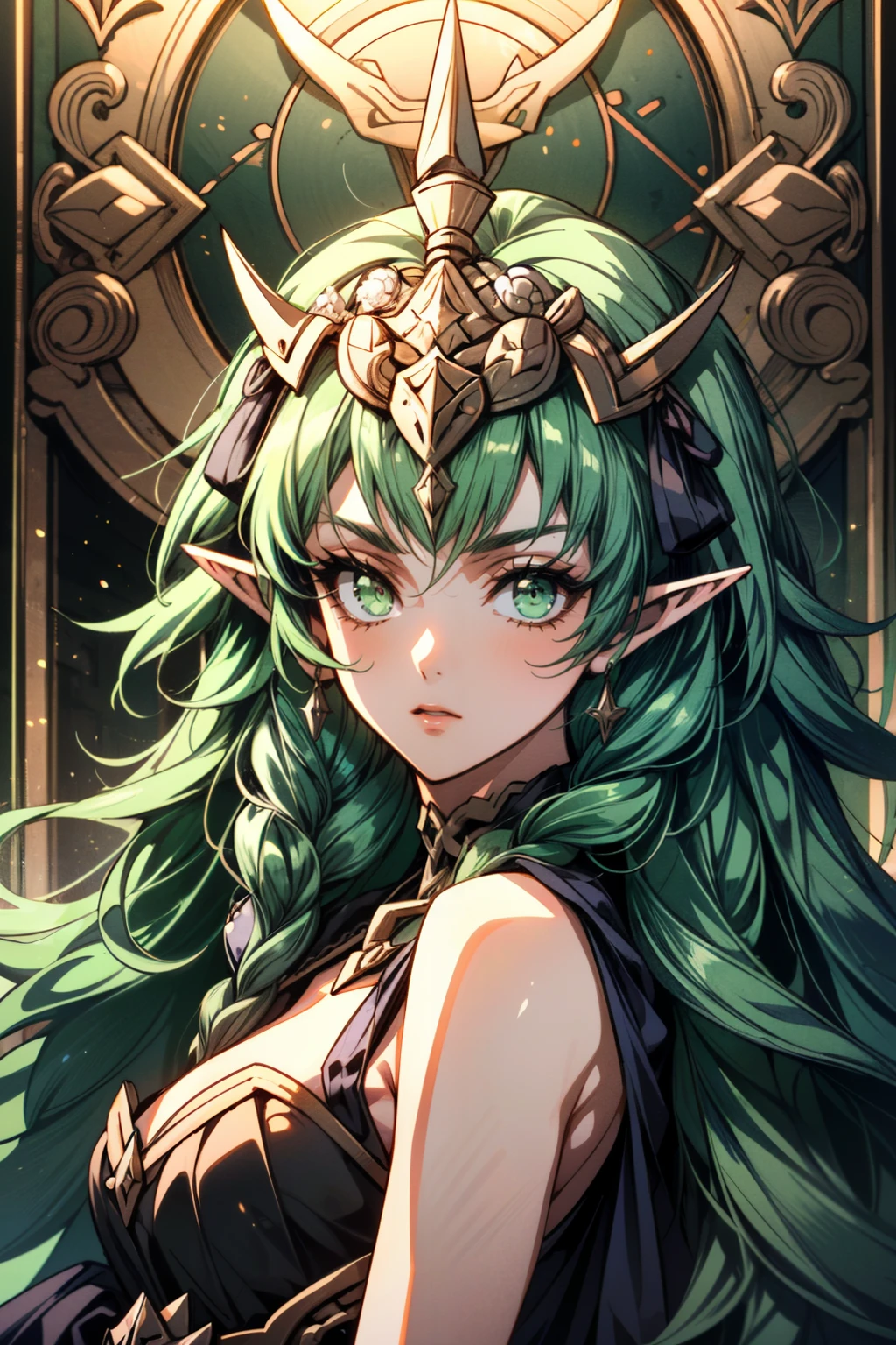 A digital anime showcasing a resplendently adorned goblin queen, its every feature bursting with intricate details: intricate patterns of glowing runes etched into its emerald green skin, elaborate golden armor with gem-encrusted accents, and piercing crimson eyes that seem to sparkle with malevolent intelligence. The image is a meticulously crafted digital painting, showcasing the vibrant colors and intricate linework. This stunning depiction merges opulence with menace, capturing the essence of a regal yet sinister fantasy character.