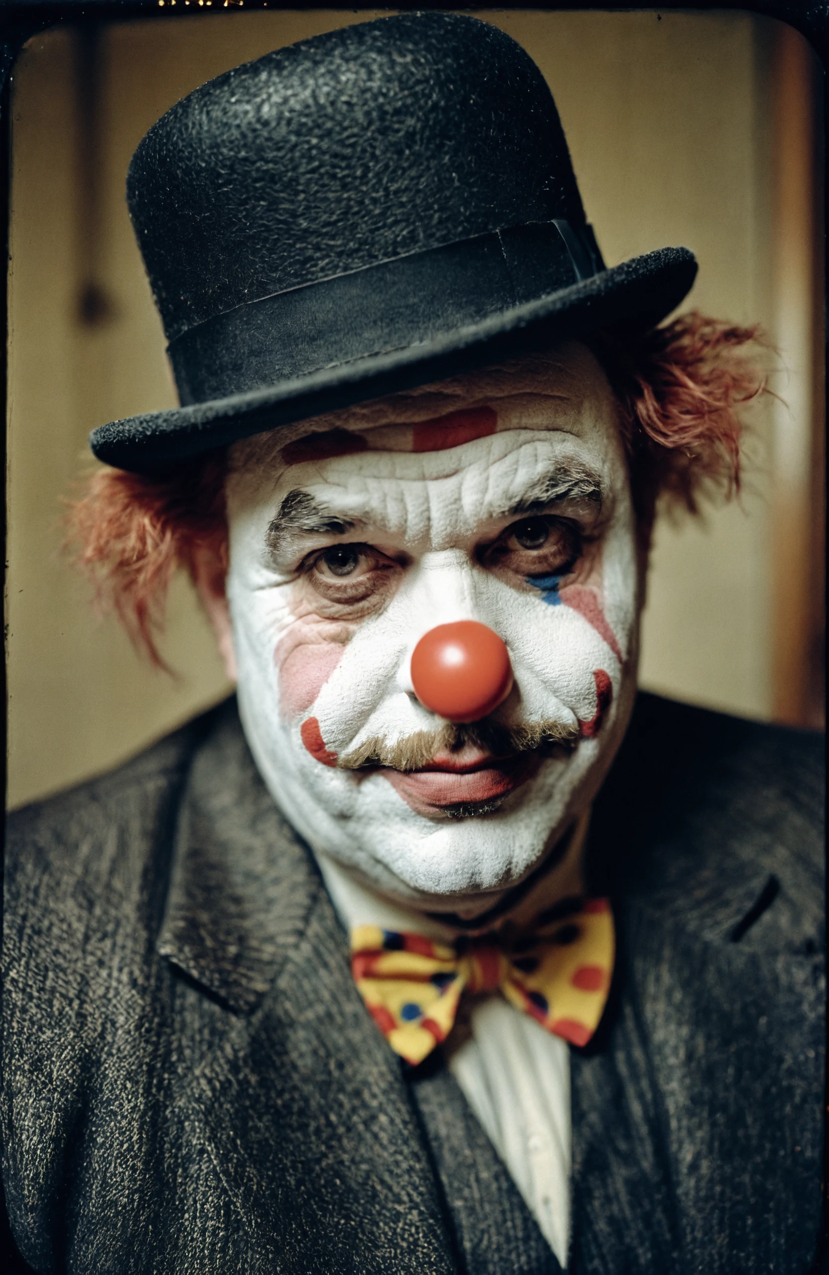 analog photo, hdr, close-up, noire tragicomedy, dark room, portrait of (a fat clown:1.1), sad, (clown, powdered face:1.09), thick cheeks, (moustache:1.05), sad smile, 50 years old, messy hair, bowler hat, pale skin, film grain, bokeh, dramatic, (vignette:0.9)