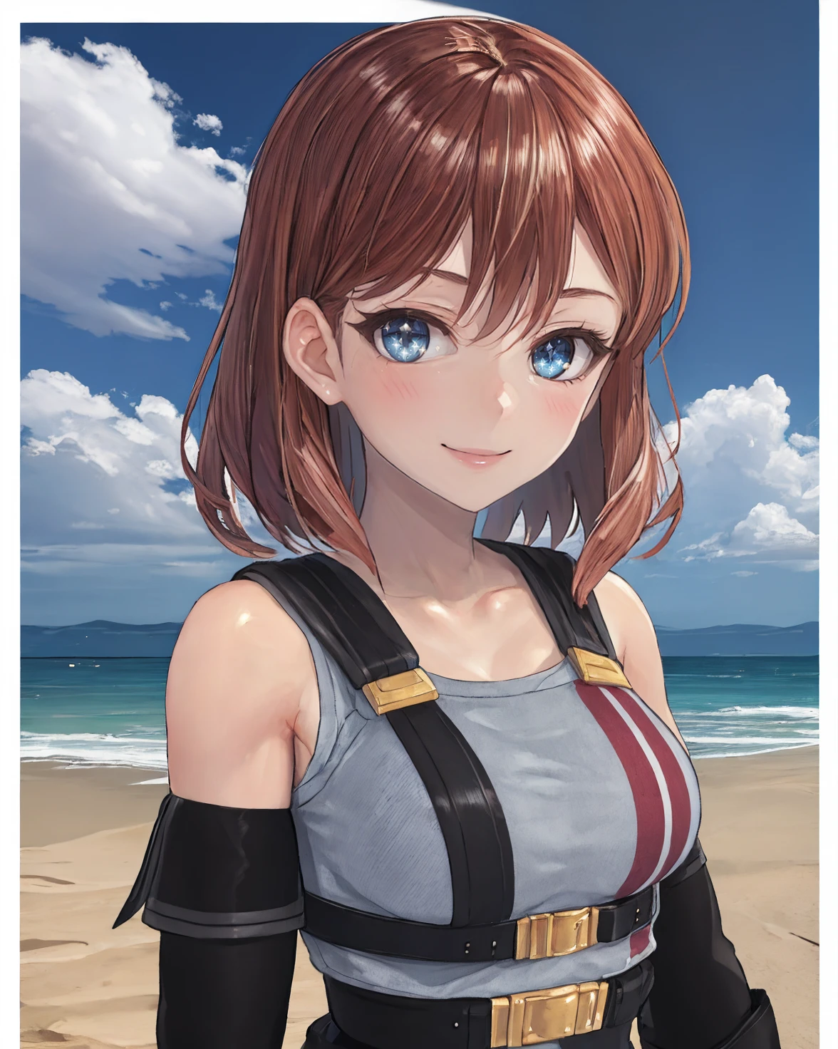 best quality, (masterpiece:1.2), illustration, absurdres, <lora:deluster2:-1>, <lora:hairdetailer:0.5>, <lora:boldline:-1>, <lora:flat2:0.7>, particles, sparkles,
(1girl, solo, beautiful detailed girl), (upper body, portrait),
<lora:Regina-000008:0.9>, Regina, brown hair, blue eyes, medium breasts,
bare shoulders, white vest, vest, gloves, pants, boots, black footwear, belt, harness,
looking at viewer, smile,
desert, sand dunes, sun, sky, distant oasis,
sitting,