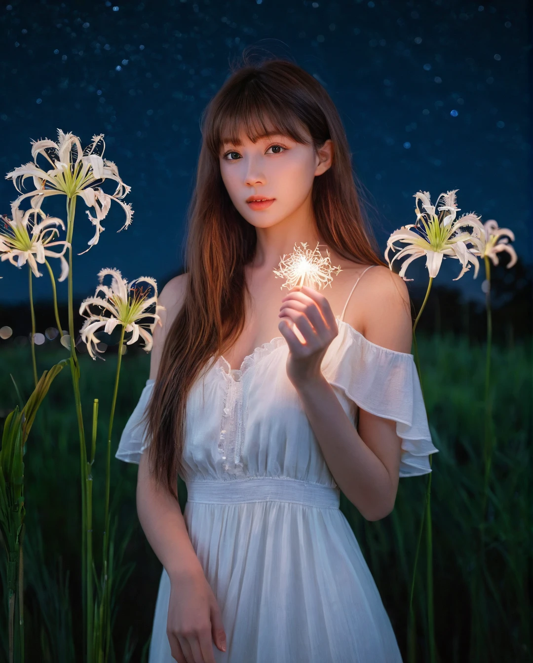 (best quality:1.4), (ultra highres:1.2), (photorealistic:1.4), (8k, RAW photo:1.2),(portrait shot:1.3), _jbright__, 1girl, solo,long hair,bangs,brown hair, white dress,outdoors,realistic,blurry background,Perfect Hands, night, night sky, spider lily, <lora:_jbright__-000045:0.2>, <lora:neg4all_bdsqlsz_xl_V7:0.8>, <lora:Perfect Hands:0.8>