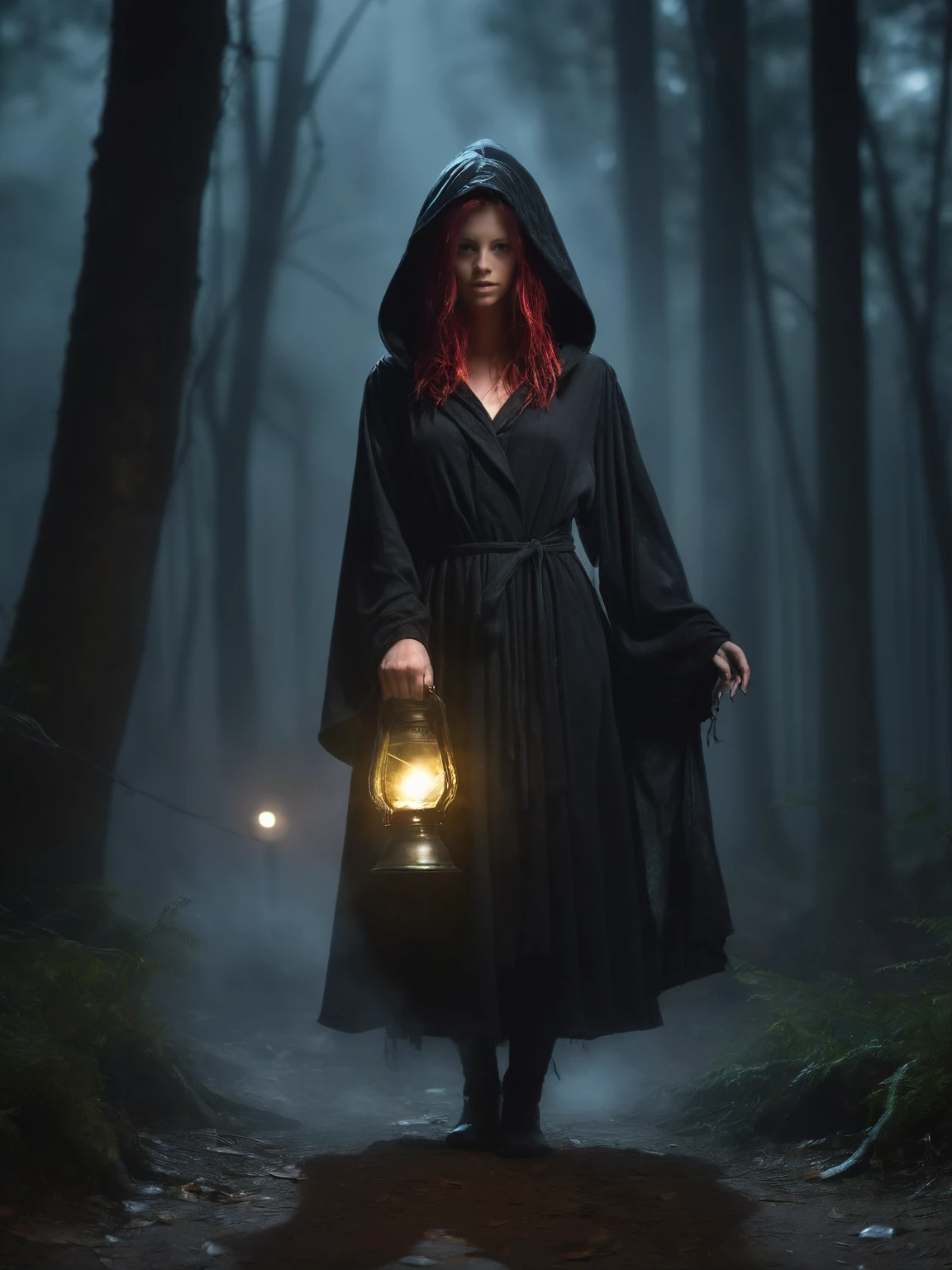 arielpiperfawn wearing a black wizards robe with hood, standing in a spooky forest at night holding a lamp, mist swirling around her feet, atmospheric dark shadows, fantasy art style <lora:ArielPiperFawnSDXL_v1.0-000001:1>
