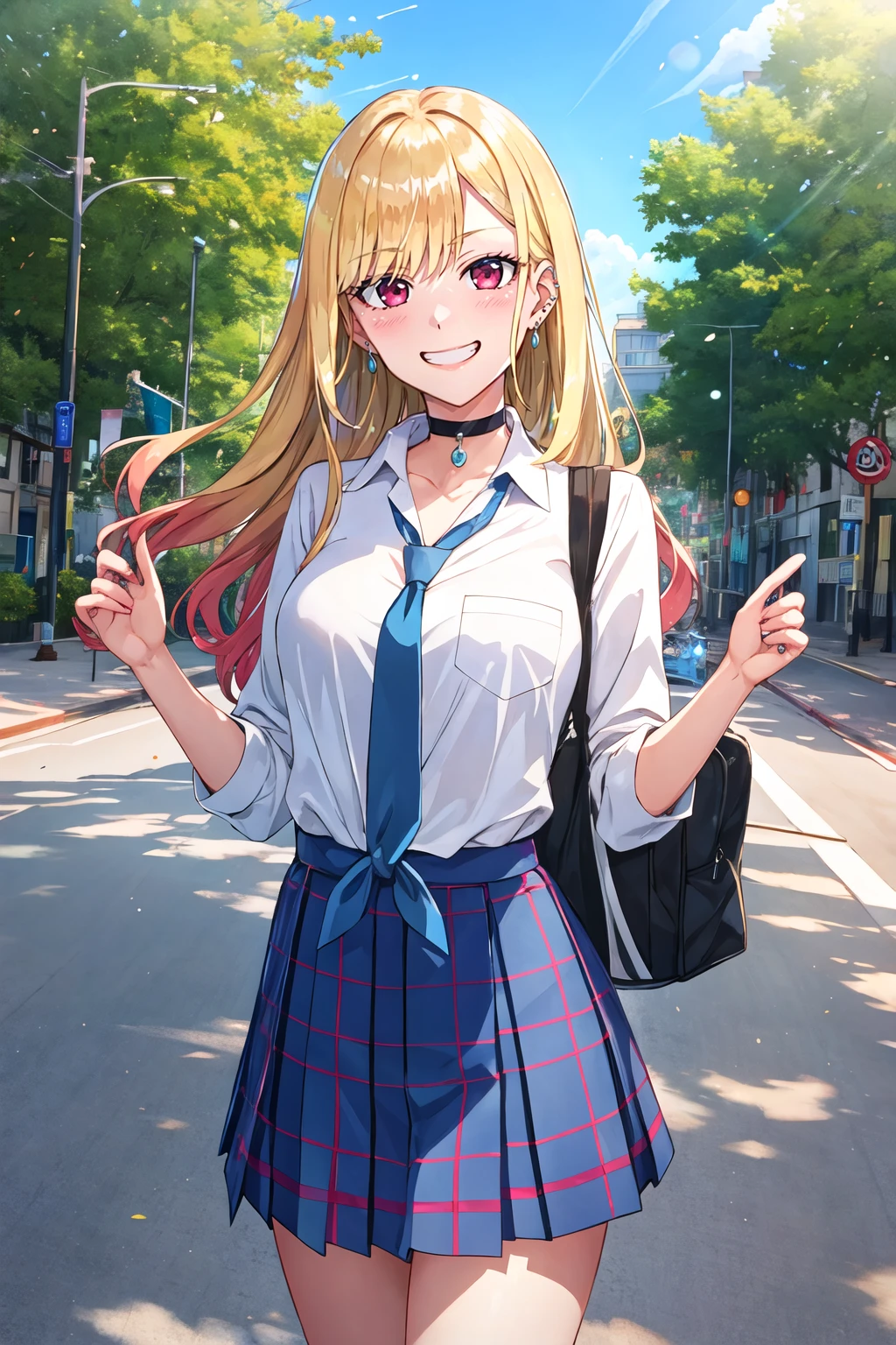 masterpiece, best quality, highres, kitagawa marin, 1girl, blonde hair, long hair, multicolored hair, red eyes, jewelry, earrings, piercing, school uniform, white shirt, tied shirt, black choker, blue necktie, plaid skirt, <lora:kitagawa_marin_v1-1:0.7>, grin, smile, standing, cowboy shot, outdoors,<lora:ReDrop style-final:1>