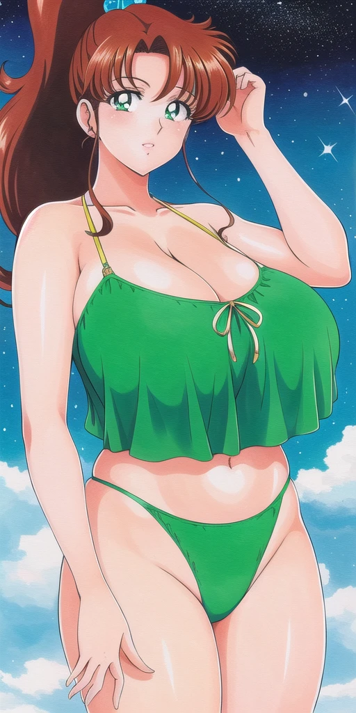 <lora:MakotoV2:0.7> kino_makoto, huge_breasts, standing, solo, bikini, starry_sky,, masterpiece, best quality, detailed face, detailed eyes, highres,