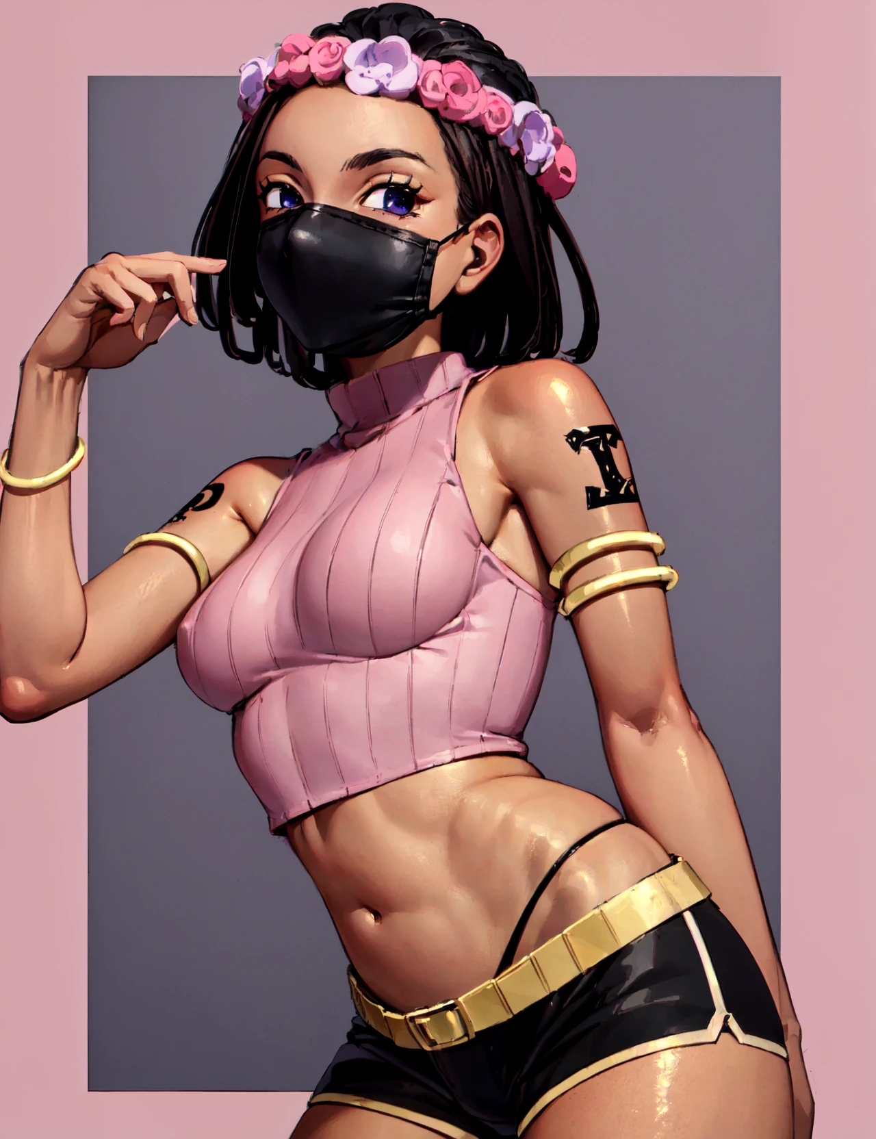 (masterpiece, best quality, hi res:1.2), 1girl, dragona, <lora:Dragona Joestar:0.8>, face mask, dark skin, sweater, sleeveless, navel, shorts, pink background, cowboy shot