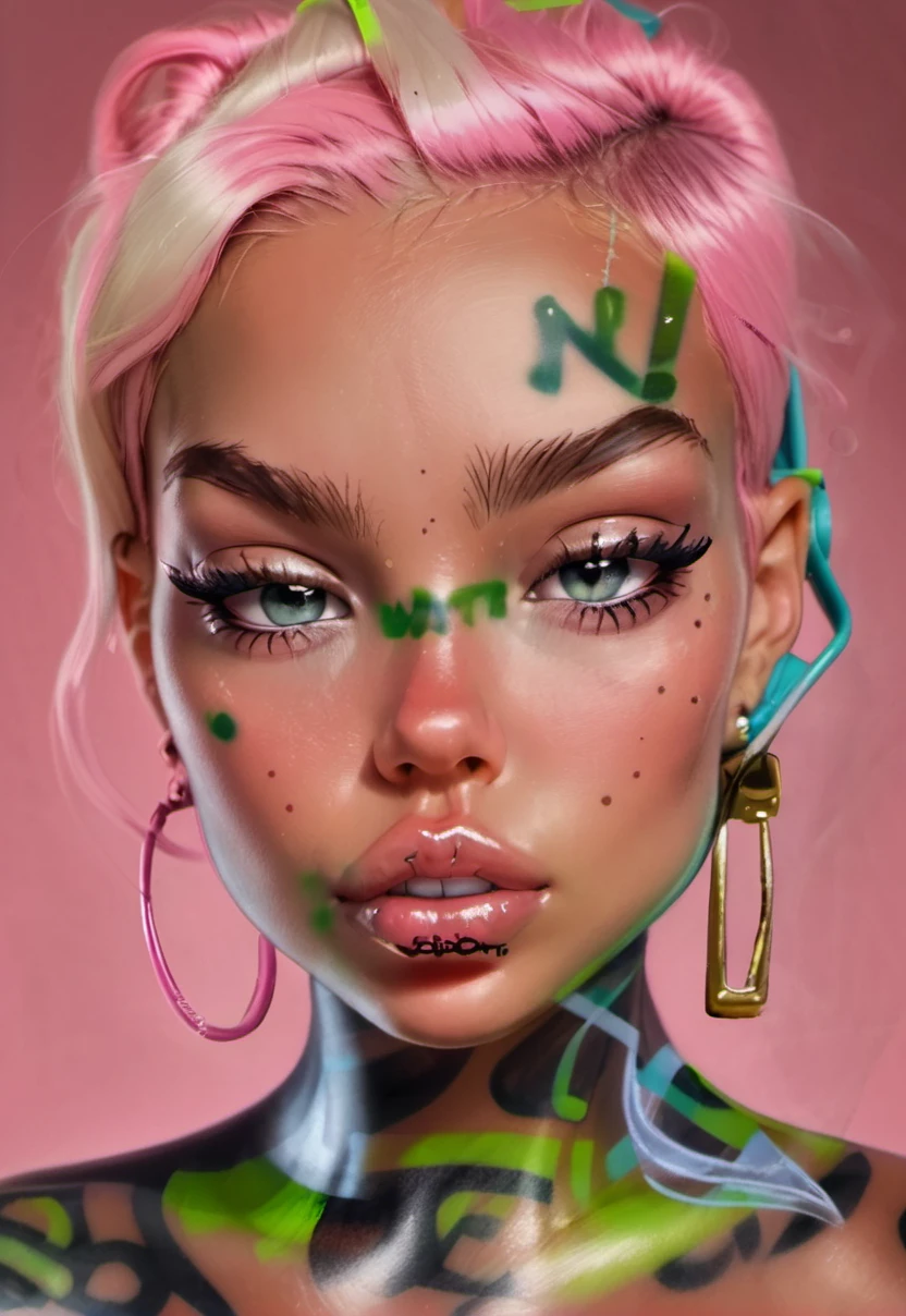 <lora:lush_lora_xl:1> loganpolish ((puffy lips)), ((pronounced cheek bones)), red cheeks, tattoos, 3d, cgi, ((freckles)), blush, make up, toy, doll, robot, android woman, dark, high contrast, oily face with glare, thick hairy eye brows, double lush, strong colors, sexy, large blue and green eyes, neck band, messy, drawn by hand, drawn with a spray can
Negative prompt<lora:loganpolish_sdxl:.6>