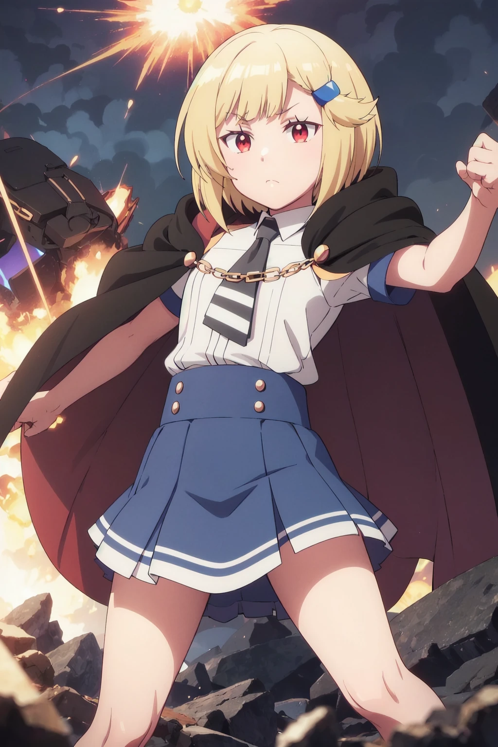 <lora:ikenainatalia:1>, ikenainatalia,cape,skirt,shirt,necktie,looking_at_viewer,1girl,solo,fighting_stance,explosion,magic,