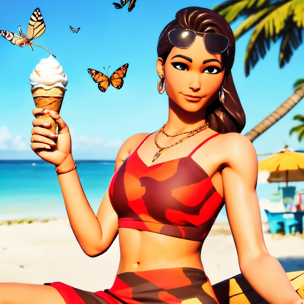 ((upper body, sitting, leaning on a palm, holding a icecone with icecream, beach, sunny, butterflies )) <lora:RubyLoRA:1> ruby, sunglasses, red tank top, red skirt, beautiful girl, high detail skin, high detail eyes, high detail hair, highres, ultra detailed, sharpen picture, Highly detailed, masterpiece, best quality, photorealistic,