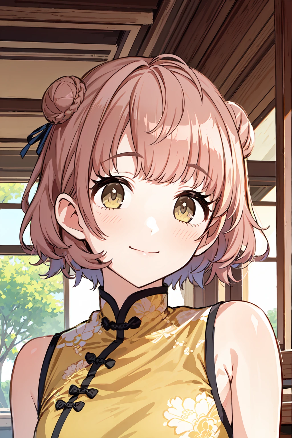h_ikuta, 1girl, short hair, (hair double bun:1.2), pink hair, brown hair, yellow eyes, smile, looking at viewer, indoor, closed mouth, bangs, blush, portrait, chinese clothes, china dress, bare shoulders <lora:h_ikuta:1.0>