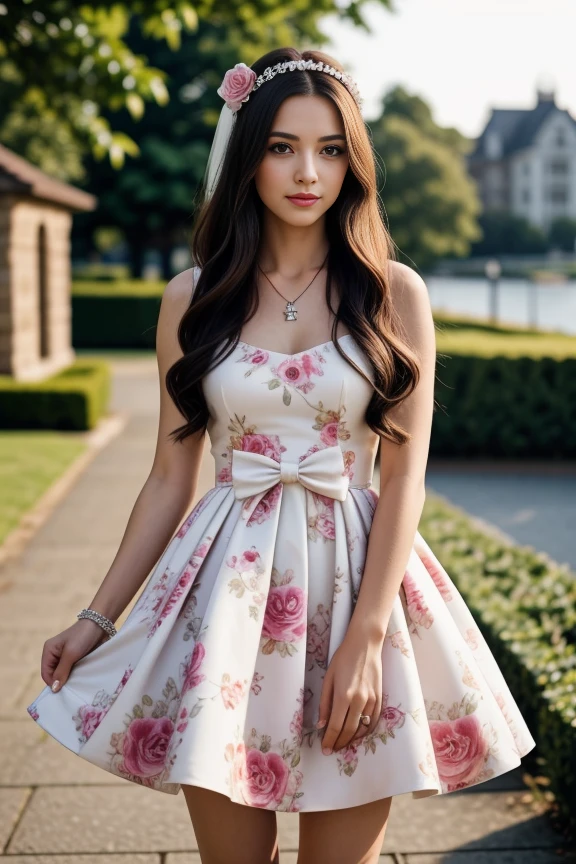 1woman, long hair, realistic, masterpiece, high detailed skin, looking at viewer, outdoor view, solo, full body shot
<lora:Floral_Wedding_Dress_By_Stable_Yogi:0.5> floral print, short wedding dress, hairband, bow, necklace, jewellery, makeup, purse