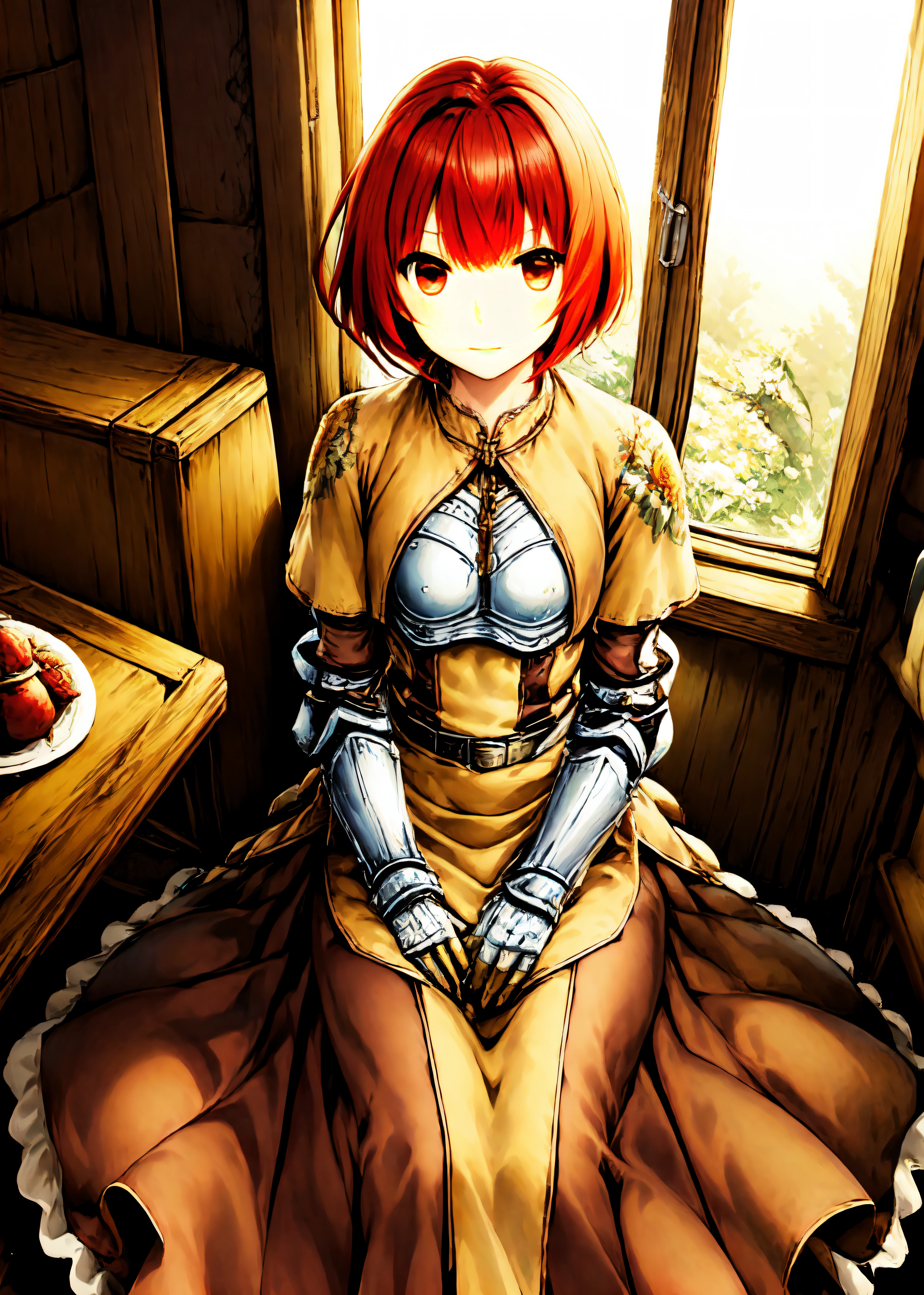 swdro, armor, yellow skirt, brown dress, flora print, rose print, armored dress, boots,
looking at viewer, 1girl,
short hair, red eyes, red hair,
sitting, sitting on chair, sofa,
indoor, chair, table, restaurant, window,
<lora:swordsmanRO_V2.18:0.72>,