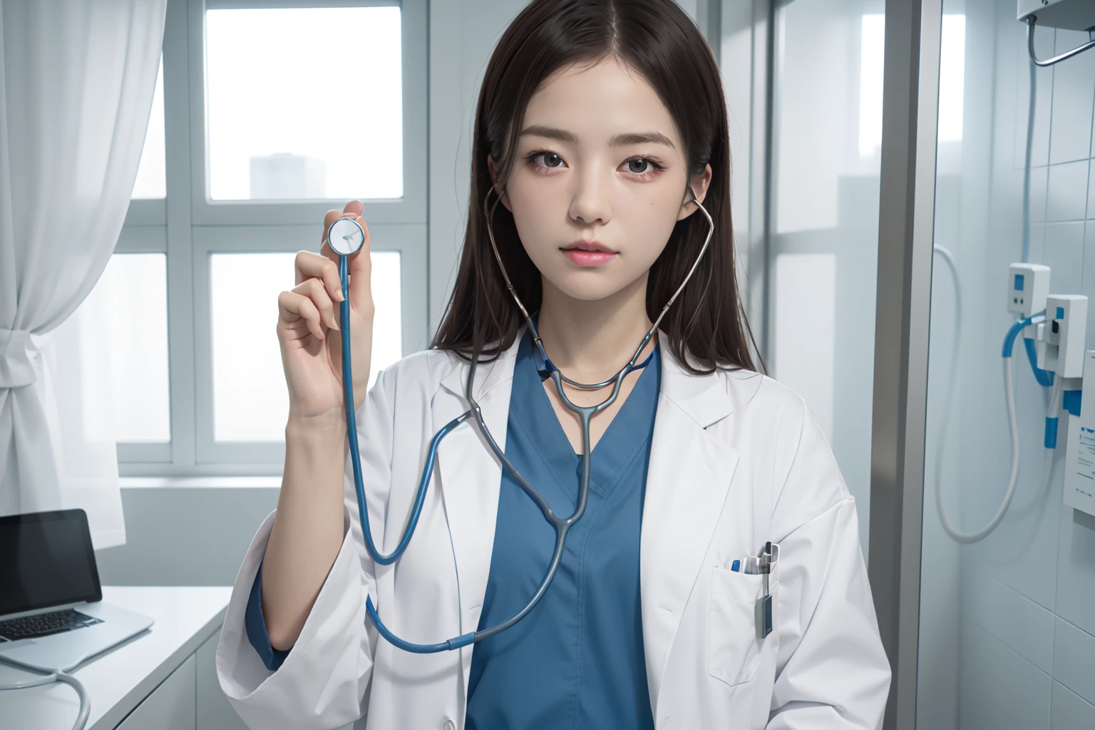 (RAW photo, best quality), 1girl, natural lighting, hospital, solo,
<lora:concept_stethoscope_listen_v2_1:1>, detailed face,
stethoscope_listen,
labcoat,