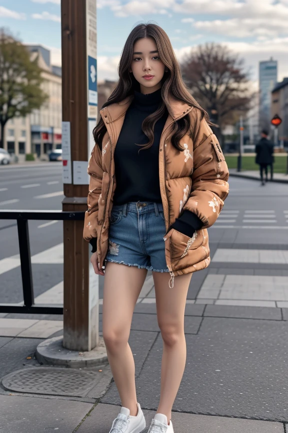 1woman, long hair, realistic, masterpiece, high detailed skin, looking at viewer, outdoor view, solo, full body shot
<lora:Floral_Jacket_Shorts_By_Stable_Yogi:0.7> brown floral print, oversized puffer jacket, denim shorts