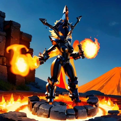 masterpiece, Highest Quality, Highest Resolution, perfect background, perfect perspective, sharp image, perfect details, perfect lighting, perfect shadows, Perfect lighting, Best background,
perfect anime, 1girl, solo, Smolderdash, fire, medium breasts, holding, fire whip, colored skin, black skin, helmet, full body, volcano, metal boots,