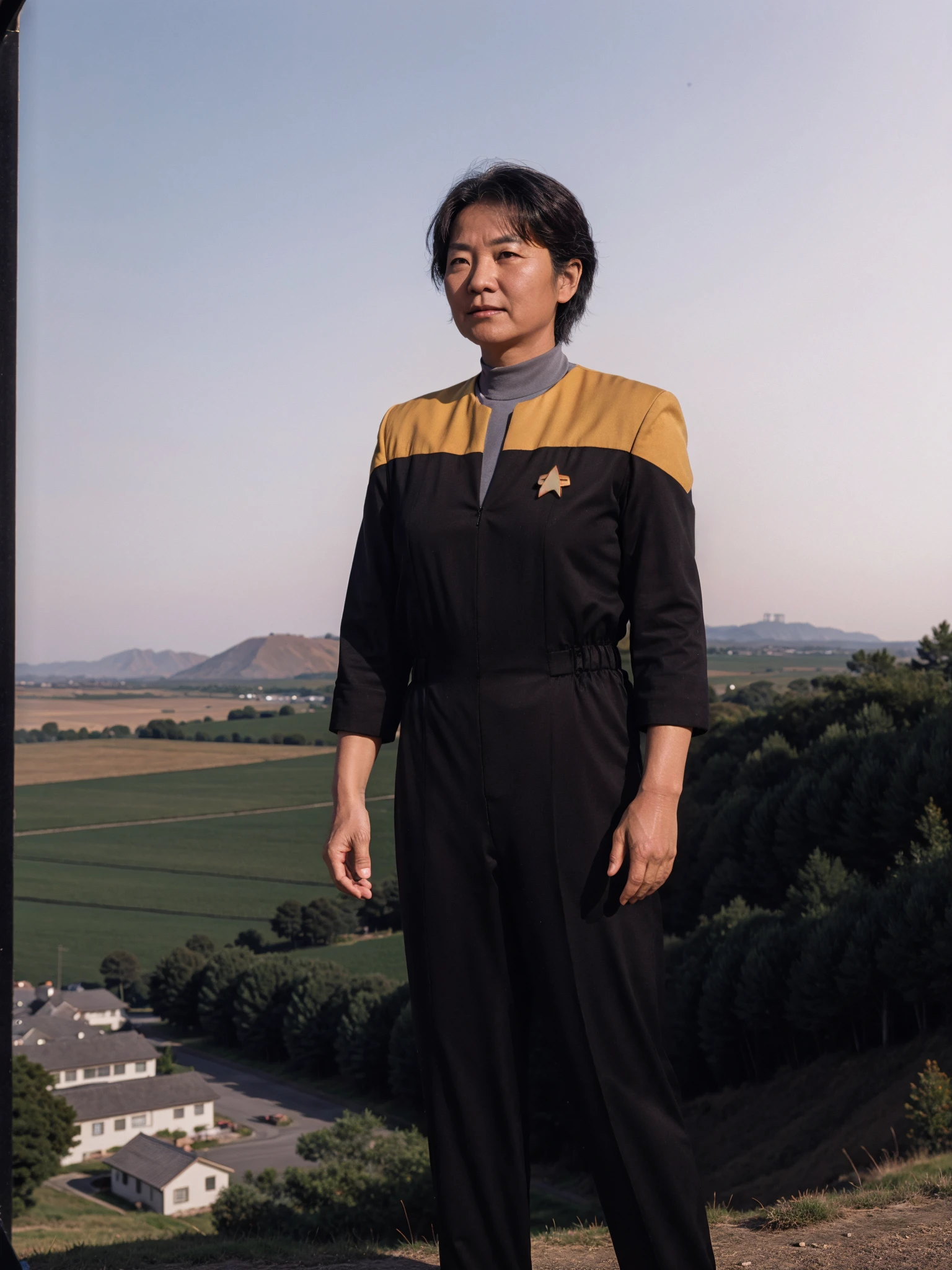 older asian woman in voyunf gold and black uniform,black pants,black sleeves, standing on a hill,looking on the small town in the distance,RAW Photo, 8k uhd, dslr, soft lighting, high quality, film grain, higly detailed face,ultra detailed,masterpiece quality,Fujifilm XT3<lora:Voy6batchDebiasGold:0.8>
