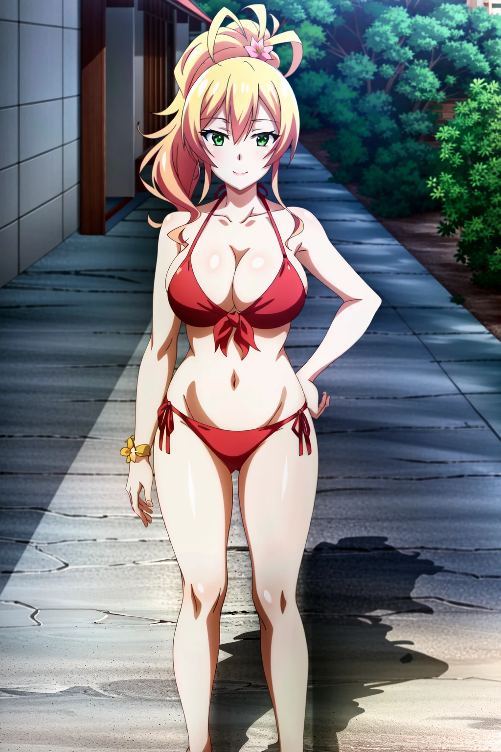 (extremely detailed CG unity 4k wallpaper),(anime coloring),(masterpiece),(best quality),(ultra-detailed),(best illustration),(best shadow),(absurdres),(detailed background), <lora:OGT_Yukana_Yame-v3:0.7> Yukana Yame, 1girl, swimsuit, breasts, solo, blonde hair, bikini, green eyes, outdoors, red bikini, day, hand on hip, cleavage, large breasts, long hair, hair ornament, navel, smile, side-tie bikini bottom, ponytail, front-tie top, sky, tree, collarbone, cloud, hair between eyes, hair flower, flower, looking at viewer, full body, high ponytail, standing