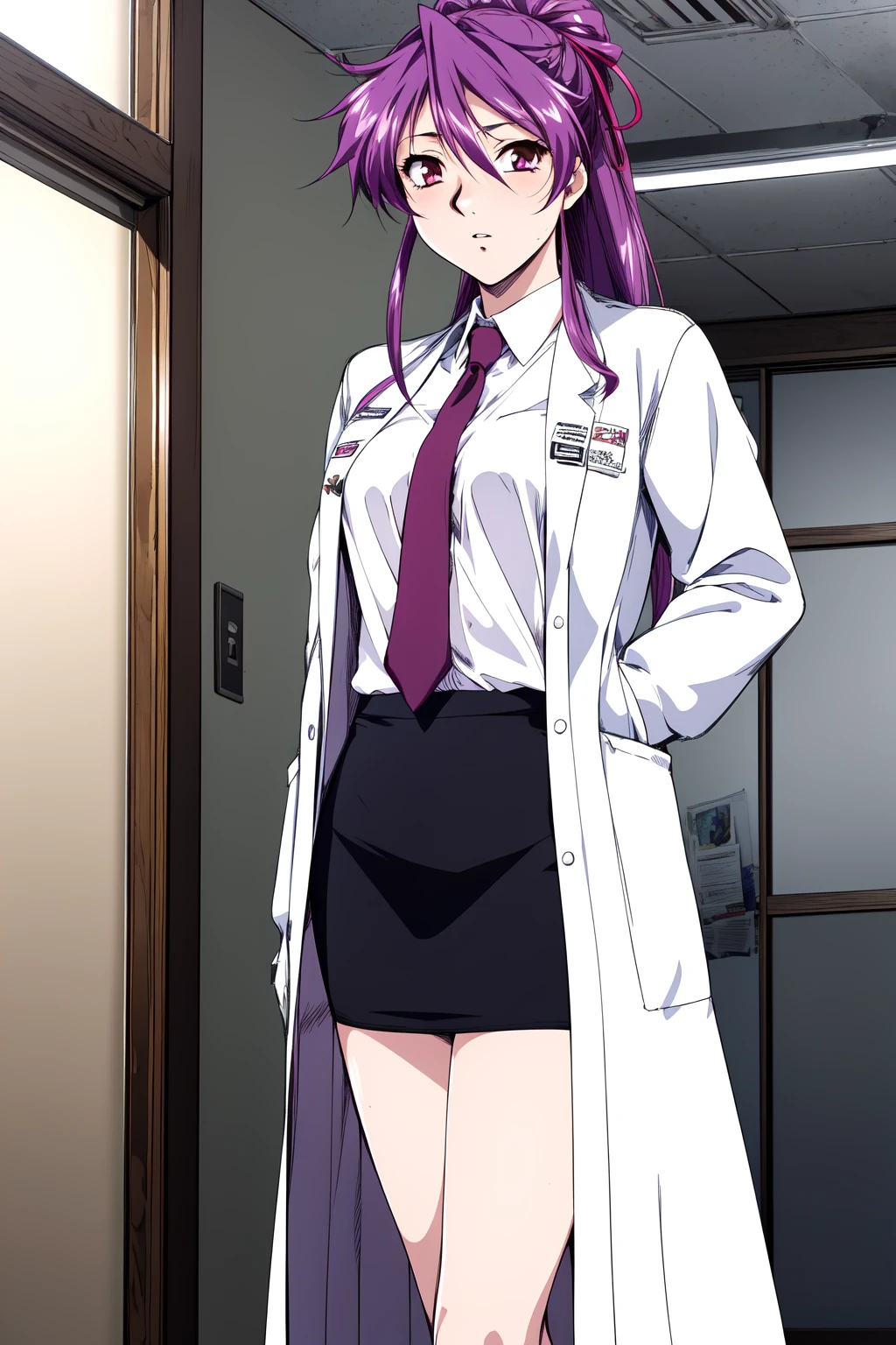 (RAW photo, best quality), 1girl,  natural lighting, solo,
 <lora:innai_kansen_miyama_kaori_v2_2-000002:1>, miyama kaori, labcoat, necktie, skirt,