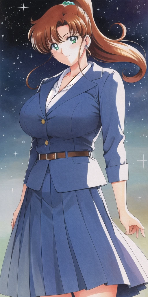 <lora:MakotoV2:0.7> kino_makoto, huge_breasts, standing, solo, skirt_suit, starry_sky,, masterpiece, best quality, detailed face, detailed eyes, highres,
