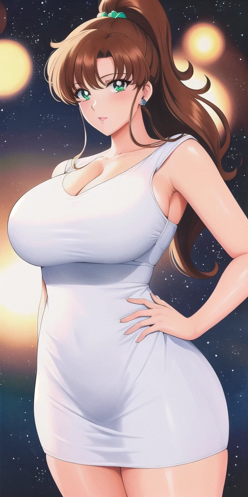 <lora:MakotoV1:0.7> kino_makoto, huge_breasts, standing, solo, white_dress, starry_sky,, masterpiece, best quality, detailed face, detailed eyes, highres,
