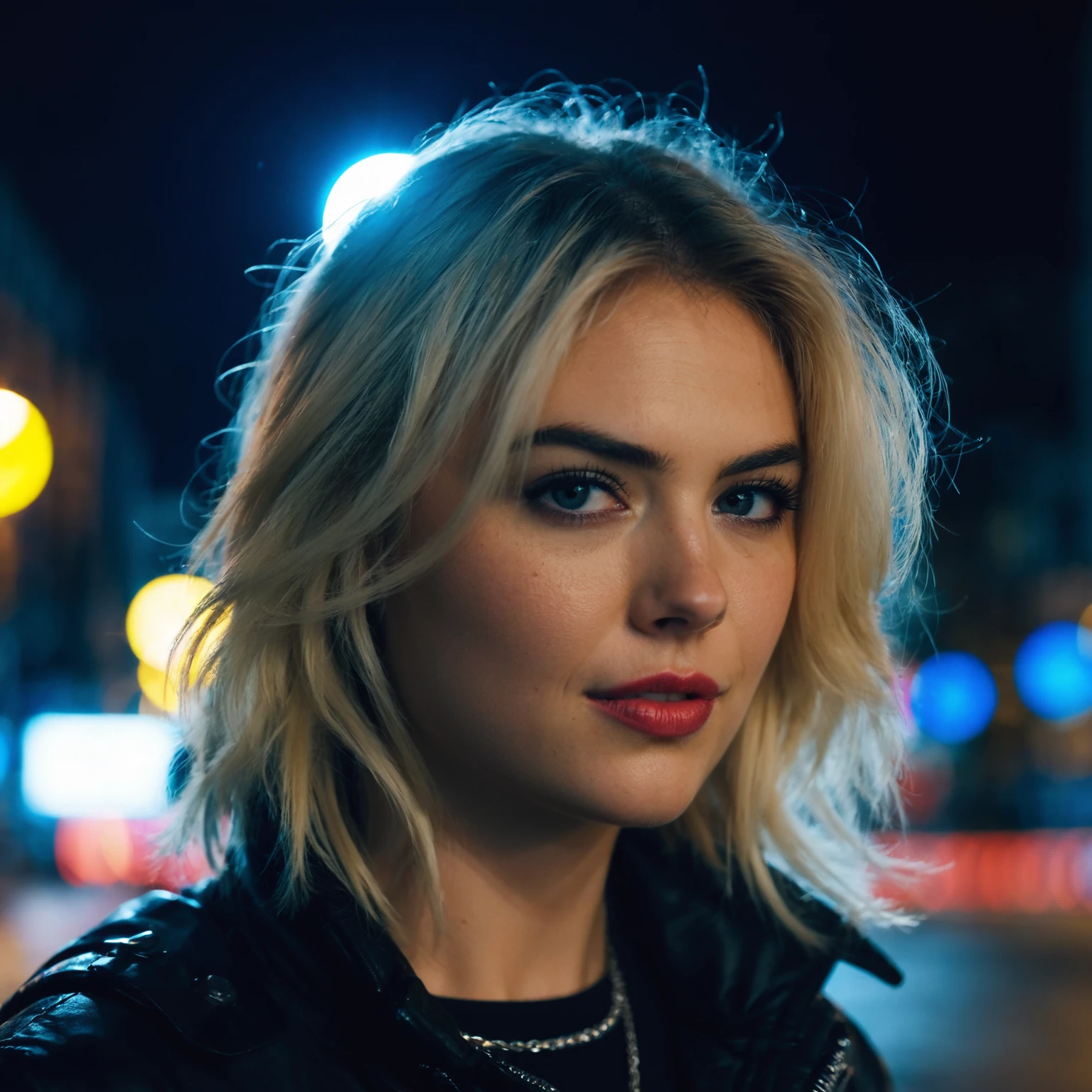 cinematic photo professional fashion close-up portrait photography of a beautiful ((ohwx woman)) in the city at night, Nikon Z9, bokeh <lora:kateupton_dh128_sdxxxl_v1:0.95> . 35mm photograph, film, bokeh, professional, 4k, highly detailed
