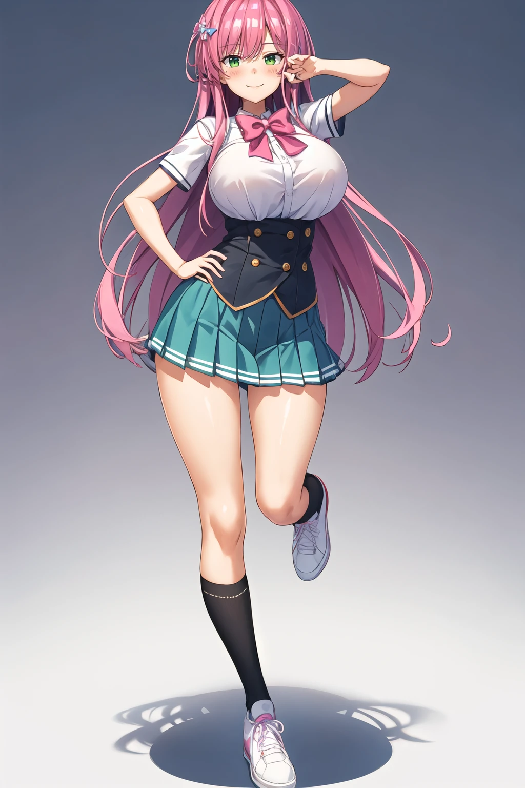 masterpiece, best quality, 1girl, solo, long hair, breasts, looking at viewer, blush, smile, bangs, skirt, large breasts, simple background, shirt, white background, bow, closed mouth, school uniform, green eyes, standing, full body, white shirt, pink hair, short sleeves, pleated skirt, shoes, socks, collared shirt, miniskirt, bowtie, huge breasts, arm up, gradient, kneehighs, gradient background, white footwear, standing on one leg, green skirt, black socks, purple bow, shirt tucked in, uwabaki, purple bowtie, tented shirt<lora:Hinata-nao_912704:1>