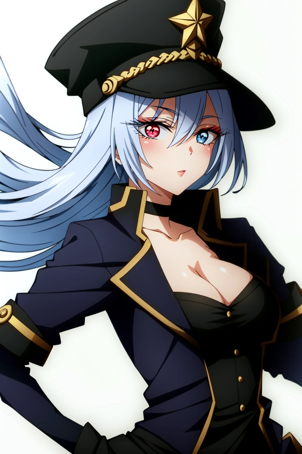 (anime coloring),(masterpiece),(best quality),(ultra-detailed),(best illustration),(best shadow),(absurdres),(detailed background), <lora:OGT_Marin_Kitagawa-v3:1> Marin Kitagawa, Lobelia, 1girl, solo, breasts, long hair, hat, cleavage, gloves, red eyes, choker, heterochromia, looking at viewer, black gloves, blue eyes, large breasts, black headwear, grey hair, very long hair, hair between eyes, jacket, black choker, floating hair, collarbone, upper body, (black jacket)