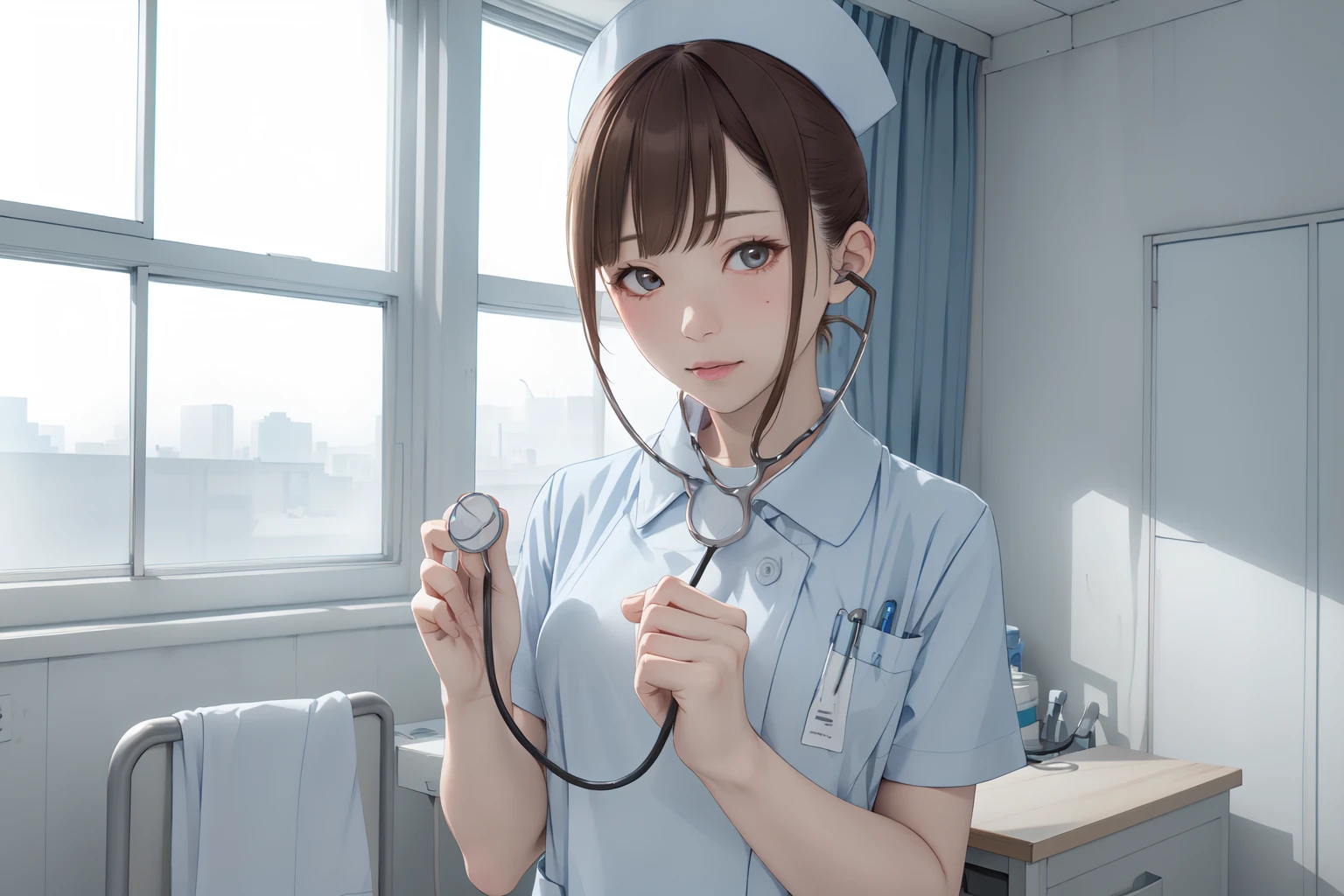 (RAW photo, best quality), 1girl, natural lighting, hospital, solo,
<lora:concept_stethoscope_listen_v2_1-000004:1>, detailed face,
stethoscope_listen,
<lora:NurseUniform0_0:1> nurse uniform, nurse cap