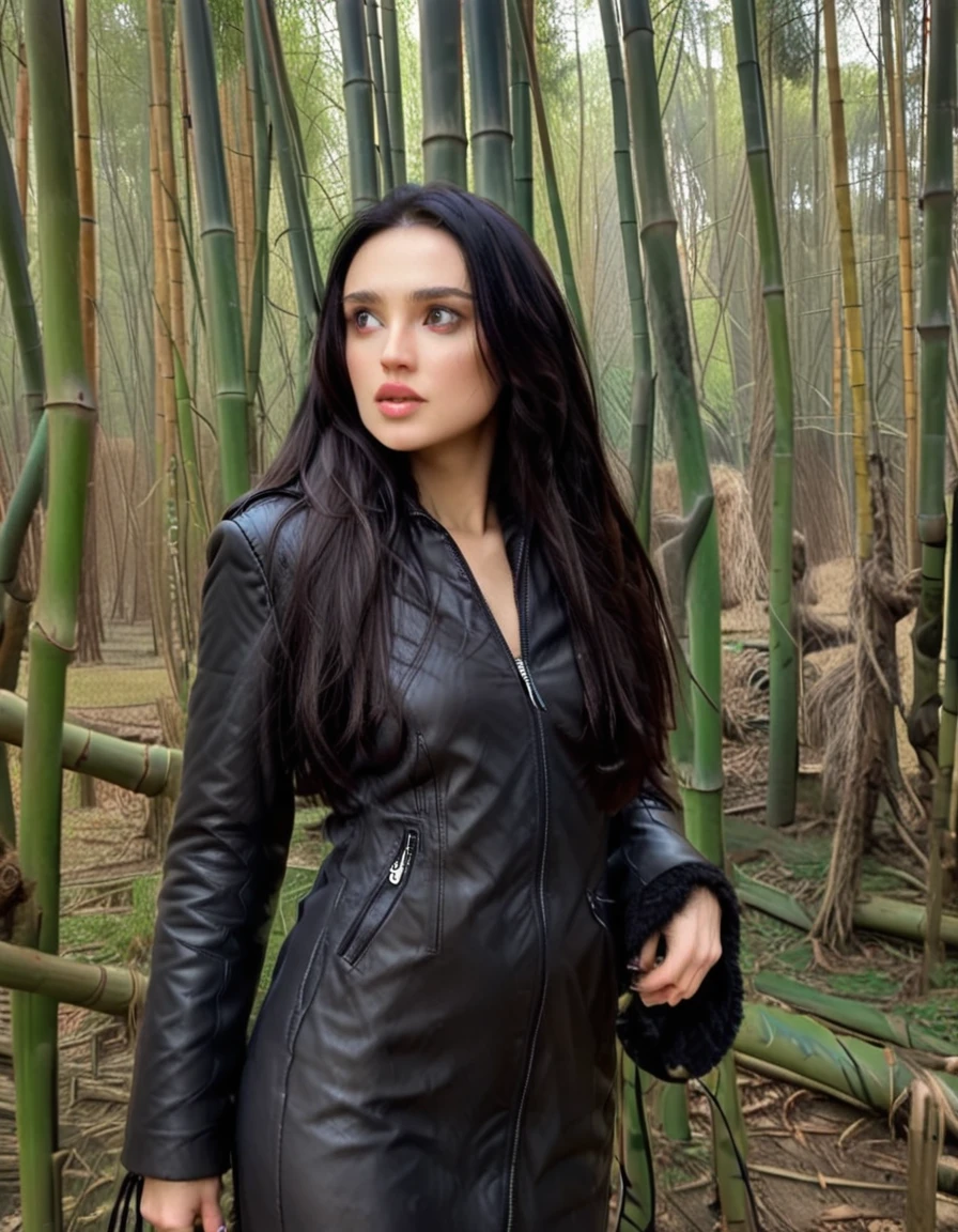an educational photograph with cold lighting, captured by victoria frances; it is showcased a russian, of age, and athletic girl, having a dark-haired mane and an upturned nose; wearing a long winter leather coat with detailed textures; standing with a relaxed pose amidst a bamboo forest. <lora:DariaZXL5:1>