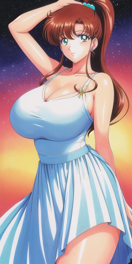 <lora:MakotoV2:0.7> kino_makoto, huge_breasts, standing, solo, white_dress, starry_sky,, masterpiece, best quality, detailed face, detailed eyes, highres,