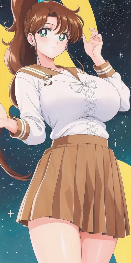<lora:MakotoV2:0.7> kino_makoto, huge_breasts, standing, solo, School_uniform_Serafuku_White_shirt_Brown_sailor_collar_Cross-laced_top_Brown_skirt, starry_sky,, masterpiece, best quality, detailed face, detailed eyes, highres,