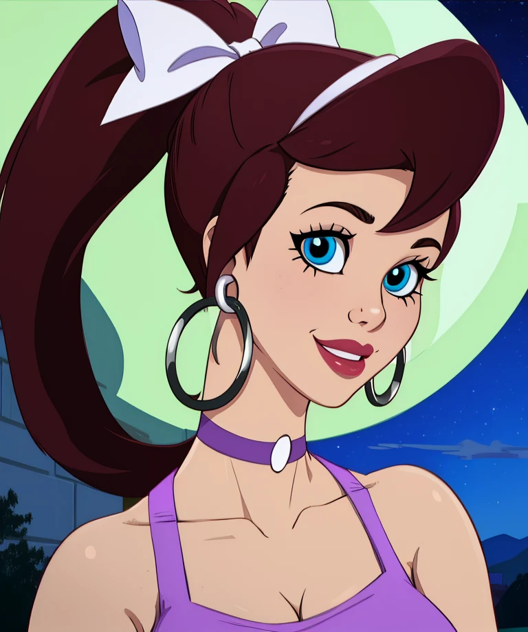 PrincessClara,blue eyes,smiling,ponytail,lips,
crop top,cleavage,hoop earrings,hair ribbon,
standing,
night club,
(insanely detailed, beautiful detailed face, masterpiece, best quality),solo,<lora:PrincessClara:0.7>,