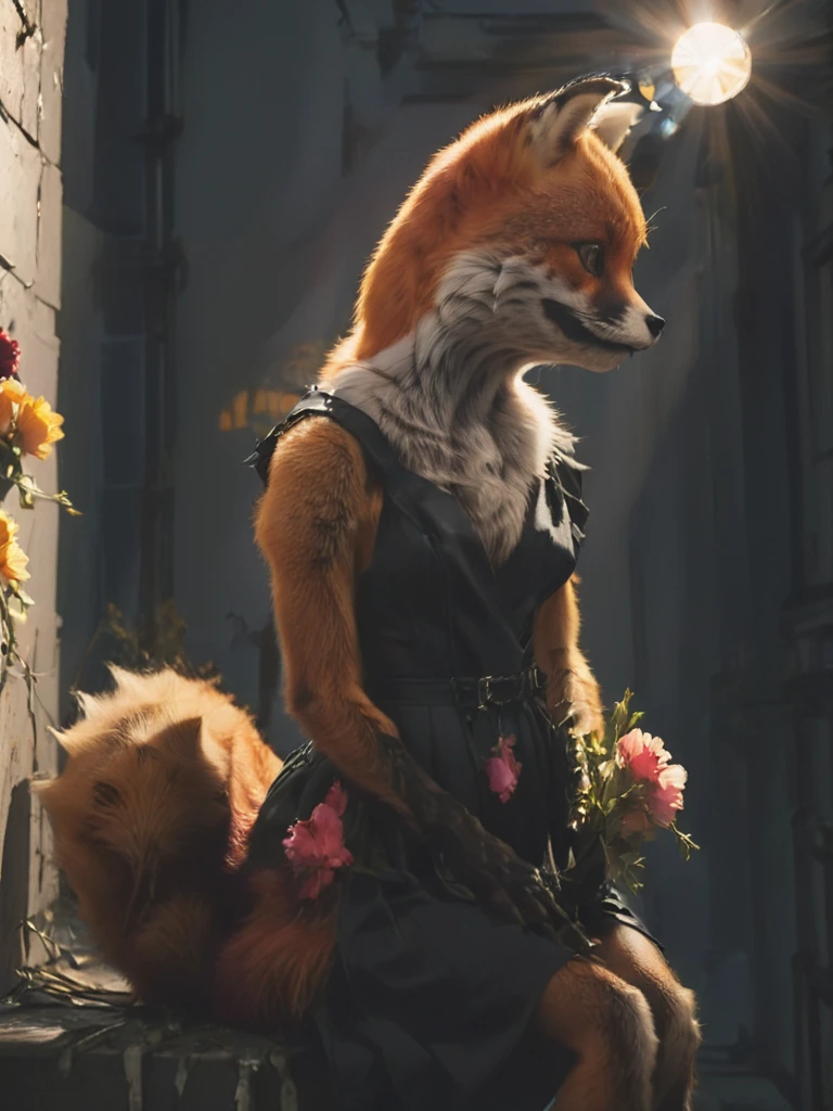 oil painting, side-view silhouette of a sexy outfit stnerfx fox wearing clothes, cinematic, dramatic shadows, captivating, flashlight, annoying lens flare, stupid bloom, <lora:- SDXL - stnerfx _Stoned_Fox_Style_V4.0:.8>