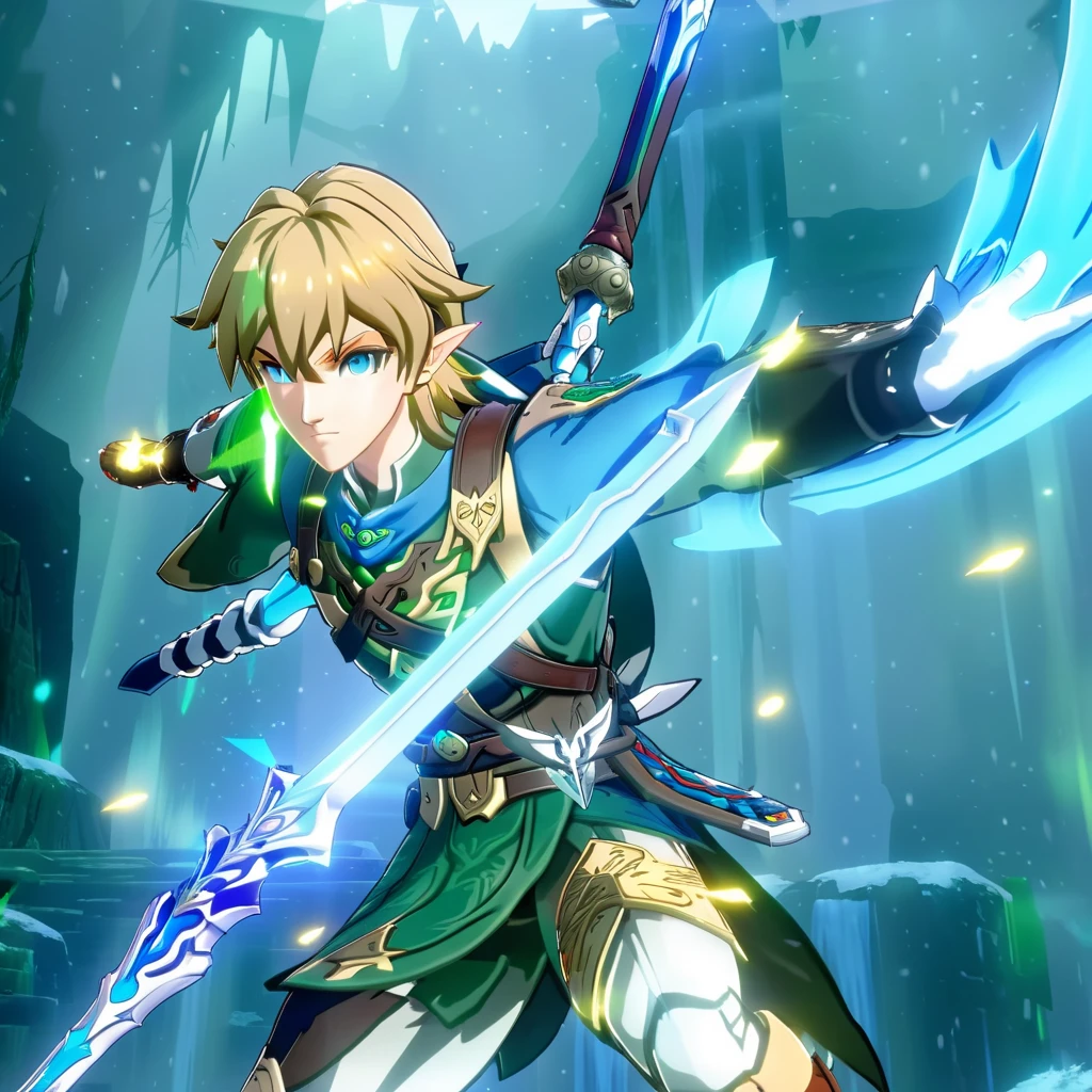 The scene is set in a dynamic anime style, featuring Link from The Legend of Zelda. He has his signature pointed ears, short, messy blonde hair, and determined blue eyes. Link is dressed in his iconic armor, predominantly green with brown and gold accents. In his right hand, he wields the Master Sword, which glows with a mystical, light blue aura. His expression is one of bravery and resolve, ready to face any challenge. Though other elements like wings, a bow, a pocket, or specific backgrounds like a waterfall, city, or snow-covered mountains are mentioned in various descriptions, they are not consistent and thus not included here. The immediate environment around Link is not distinctly defined, allowing for a focus on his heroic stance and the legendary sword in his hand,<lora:railgameplay_ult3:0.8>,starrailult